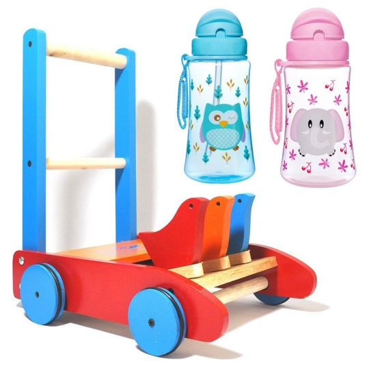 Combo 1 Xe tập đi gỗ 3 con chim Am+ 1 Bình uống nước có ống hút Upass UP0090N
