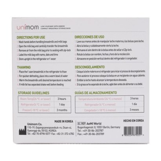 Túi đựng sữa mẹ (trữ sữa mẹ) Unimom tiêu chuẩn Standard không có BPA 210ml (60túi/hộp)